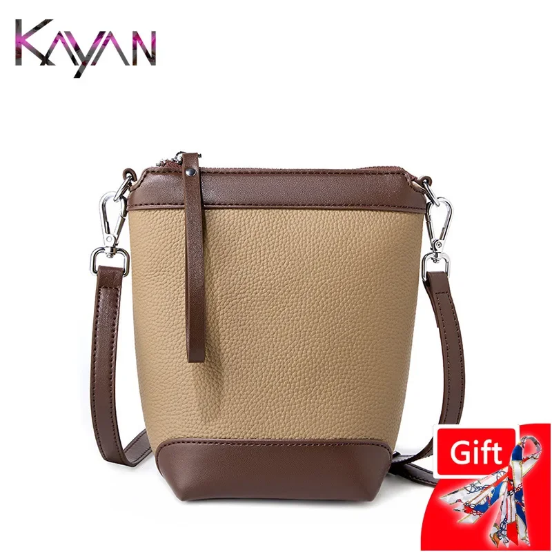 

2024 Small Cowhide Patchwork Shoulder Bucket Bag for Women Panelled Genuine Leather Female Crossbody Bag Ladies Purse