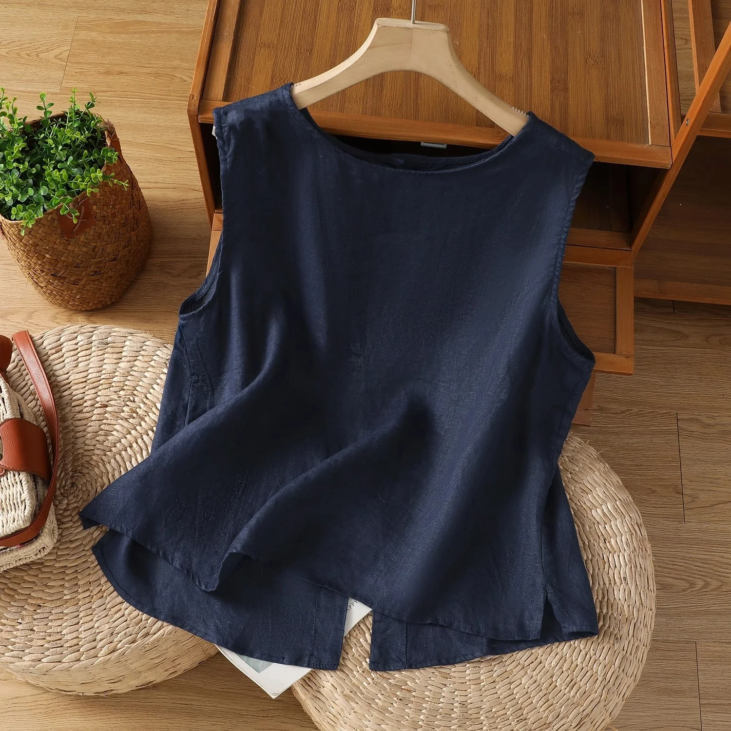 الرجعية اليابانية القطن الكتان سترة المرأة الصيف فضفاض التخسيس عادية جولة Ne الكتان Svel سبليت irt الأعلى