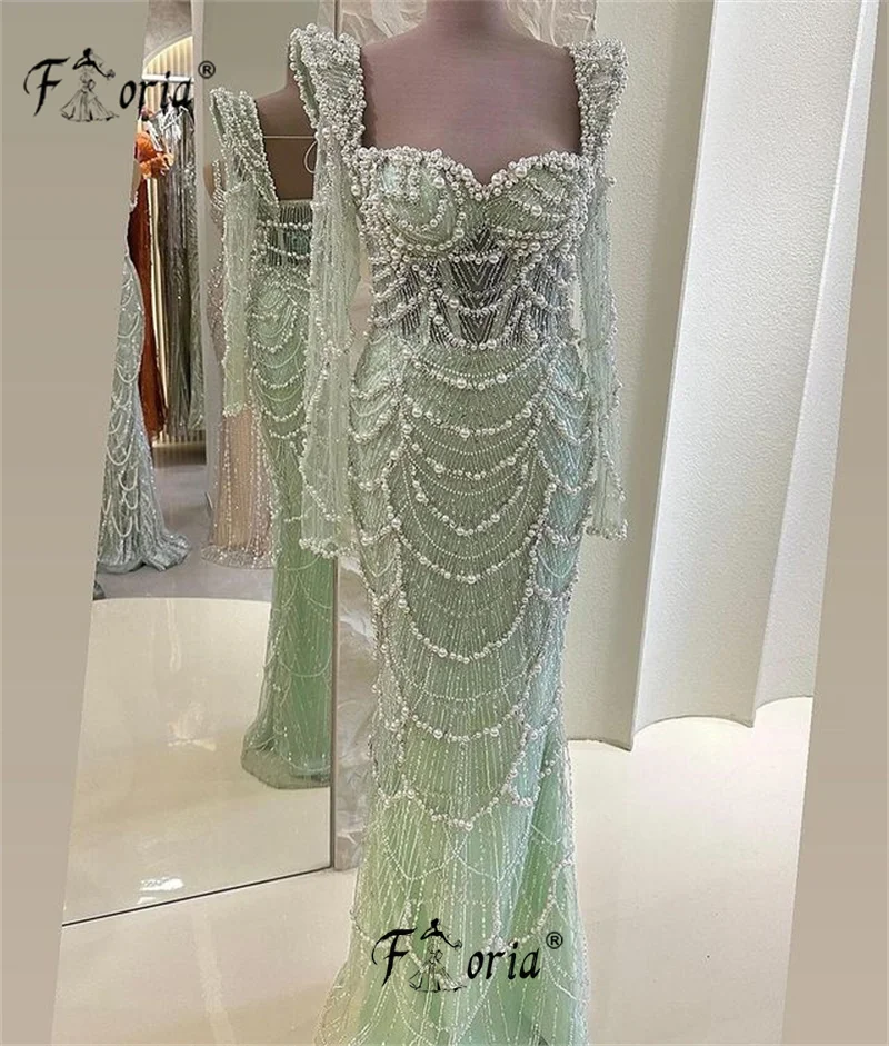 Elegant Pearls Beaded Formal Party Dress with Tassels Mint Green Long Sleeve Dubai Evening Dresses  Robe de soireee Celebrity