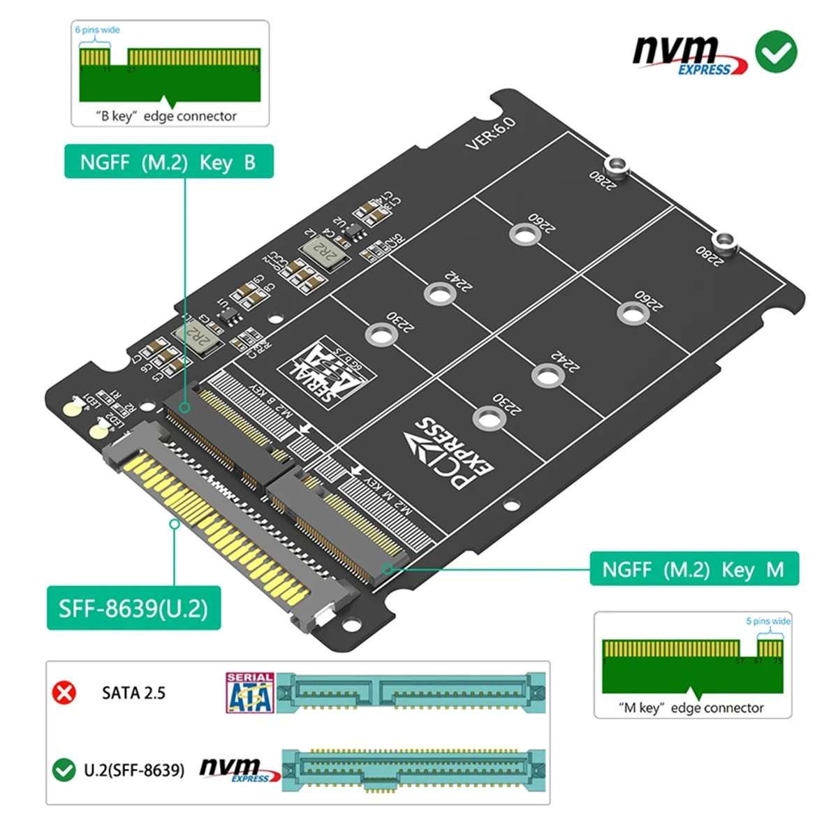 Adaptador combinado 2 en 1 M.2 NVME PCI-E / NGFF SATA SSD a U.2 SFF-8639