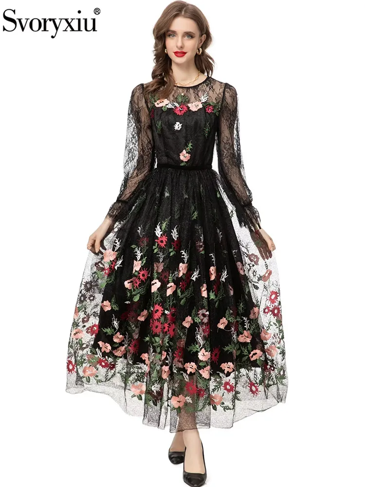 

Svoryxiu Fashion Designer Autumn Party Floral Embroidery Long Dress Women's O-Neck Flounces Sleeve High Waist Big Swing Dress