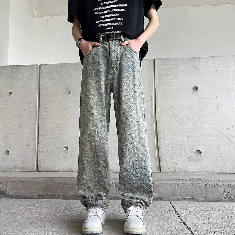 

Men's Jeans Loose Fit Full Printed Design Sensible Niche Straight Leg Pants New Spring Autumn Trendy Bran American Style Vintage