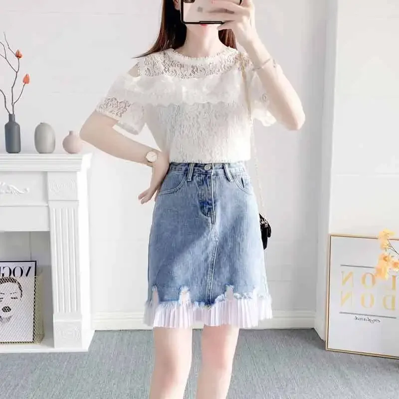 Women\'s Two Piece Set Mature Skirt Female Outfits Short Sleeve Commuting Mini Denim Festival Y2k Streetwear New Matching Full