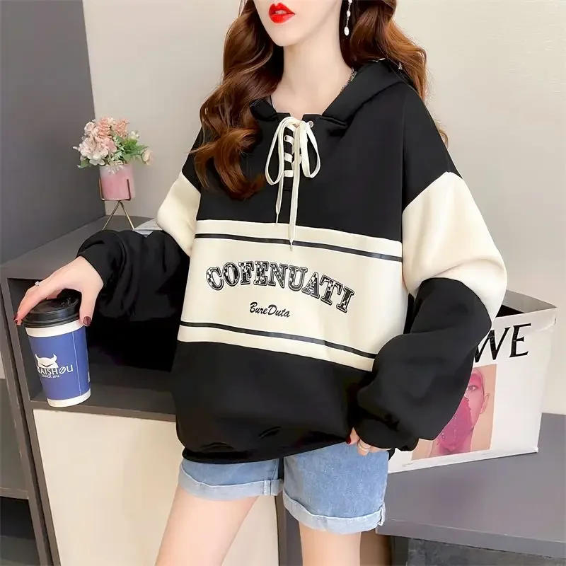 Fashion Patchwork Oversized Hoodies Women Casual Loose Hooded Coats Autumn Winter Trend Plush Thicken Hoodie Womens Y2k Clothes