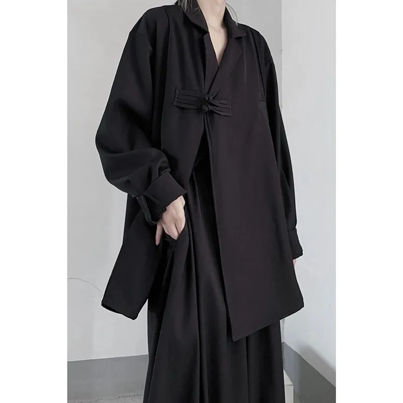 

2024 Chinese Style Black Shirt Jacket Long Sleeve Tops Men Women Vintage Loose Turndown Collar Hanfu Autumn Casual Kimono