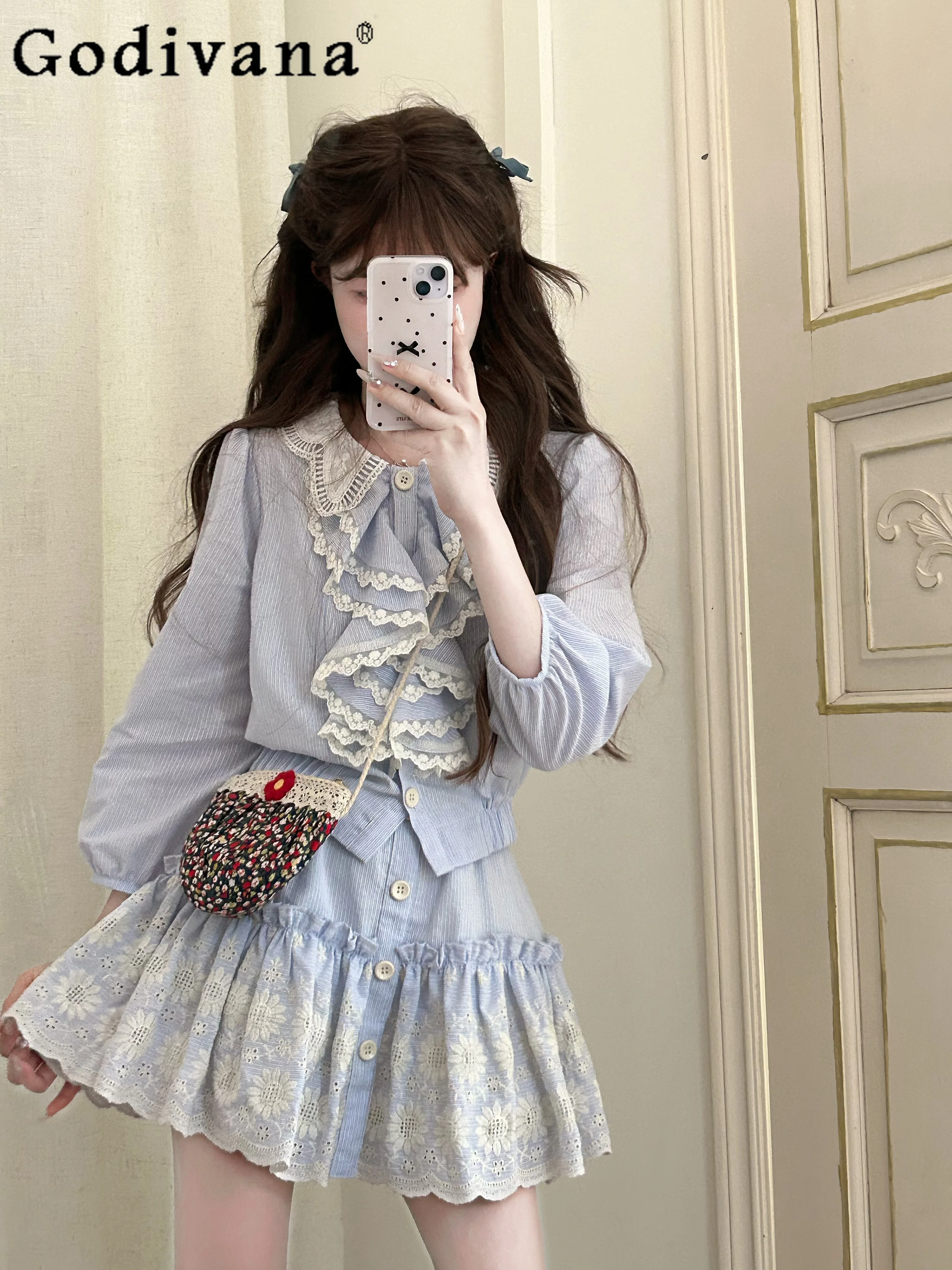 

Girly Harajuku Sweet Cute Lace Doll Collar Blue Striped Shirt Women Autumn New Fashion JK Slim-Fit Elegant Skirt Mini Skirts