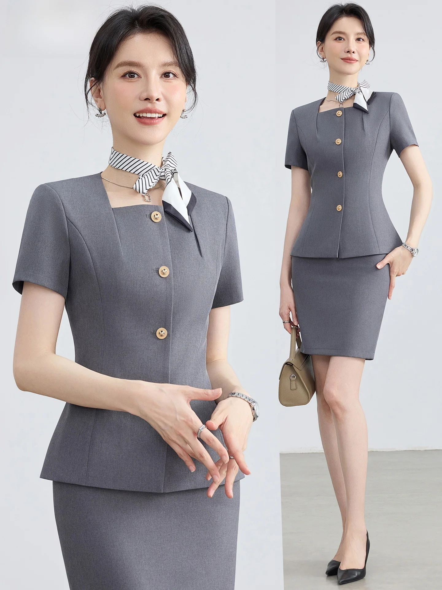 

Gray Suit Set Women Summer Thin Hotel Front Desk Reception Beauty Salon Work Uniform Professional Skirt Suit Commute Style Sl...