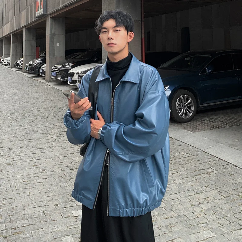 

Men's Loose Locomotive PU Leather Jacket High Street Retro Trendy Two-way Zipper Lapels Solid Color Long Sleeve Tops Men Coats