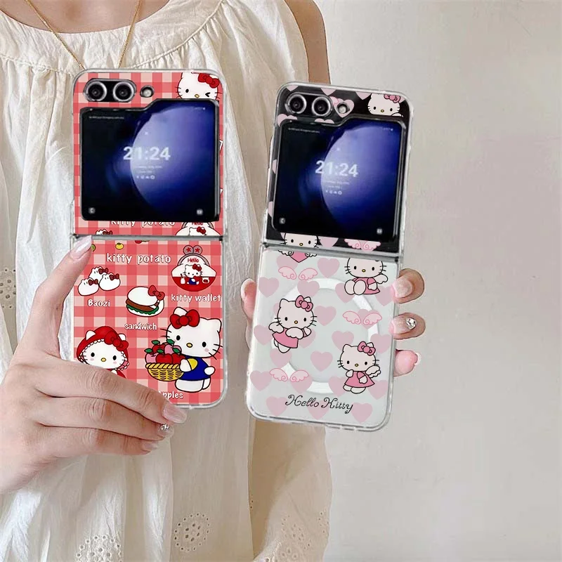 Custodia magnetica per telefono con ricarica wireless Hello Kitty Angel Magsafe per Samsung Z Flip 7 6 5 Galaxy Z Flip 3 4 Cover trasparente