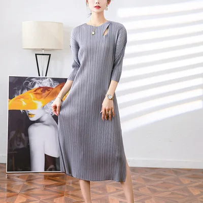 HOT SELLING o-neck one button three-quarterMiyake women's hem slit mid-length pleated dolman sleeve A-line dress IN STOCK