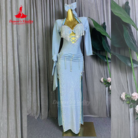 Belly Dance Costume Women's Customized AB Stones Tassels Bra+Robe+Headscarf+Hip Scarf 4pcs Saidi Shabbi Baladi Competition Robes