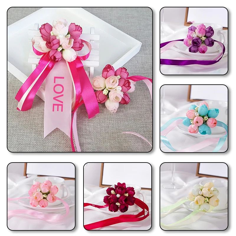 Pulsera de flores de seda para dama de honor, ramillete de muñeca rosa, alfileres de boda, accesorio nupcial