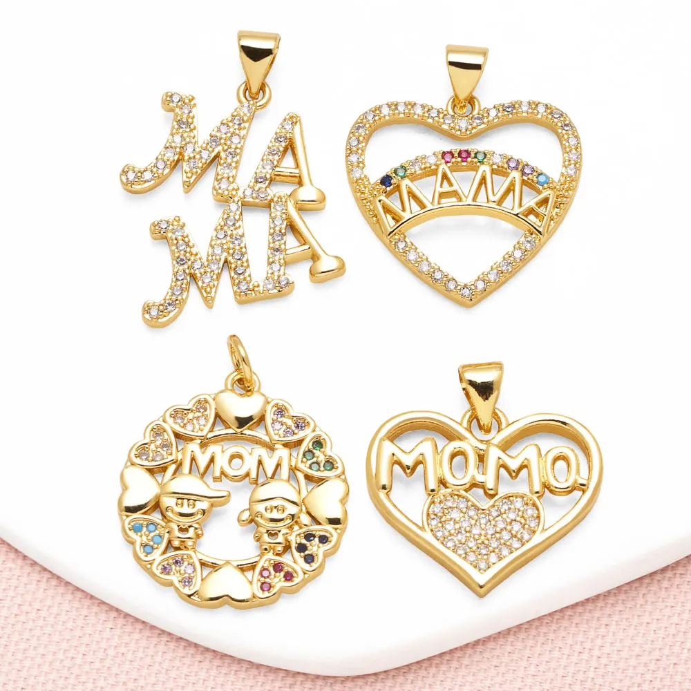 Fashion Multicolor Crystal Heart Mama Pendant for Necklace Copper Gold Plated Mother‘s Day Gift Jewelry Making Component pdtb235