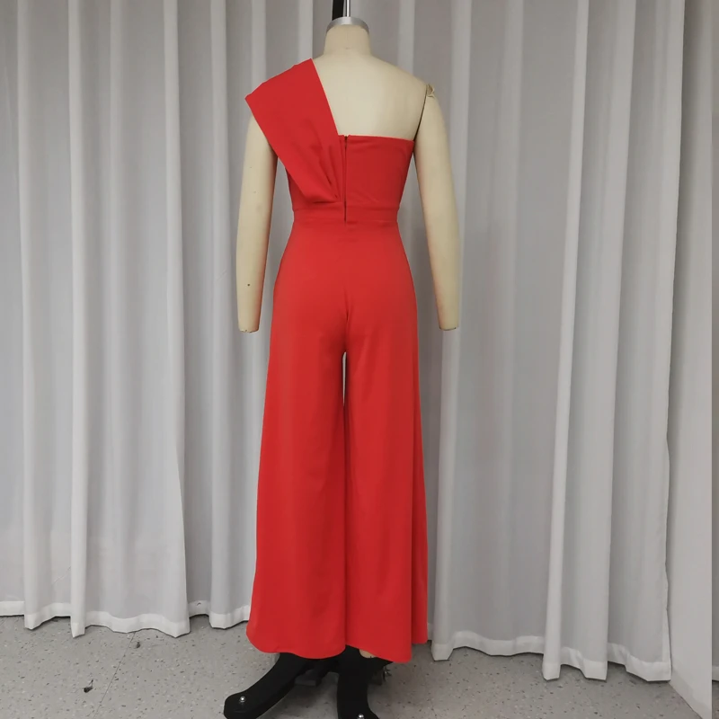 Wefads Vrouwen Jumpsuit Dames Zomer Mode Solide Één Schouder Rechte Losse Geplooide Wijde Pijpen Broek Romper Hoge Streetwear