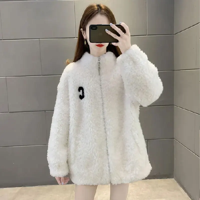 2024 Woman Clothing Stand Neck Lamb Wool Jacket Oversized Tops Winter Outwear Casual Korean Zipper Thicked Warm Coat y2k Clothes