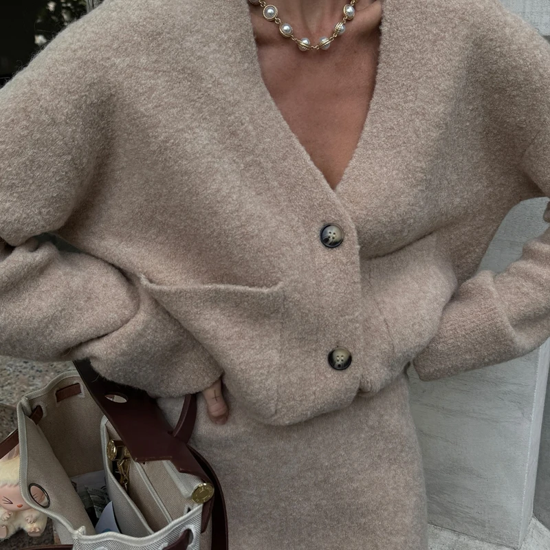 Setelan Rajut Wanita Elegan 2 Potong, Cardigan Rajut Lengan Panjang V-neck & Rok Mini, Setelan Kerja Modis Warna Solid Slim