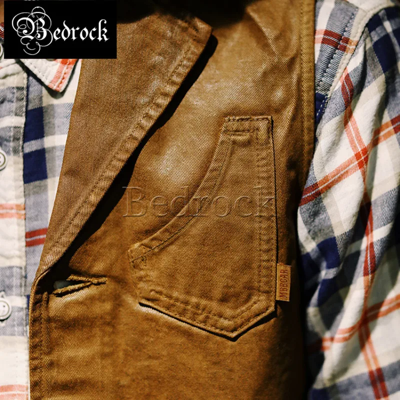 MBBCAR 10oz selvedge denim manual PU vest for men 100 Cotton Amekaji Brown waterproof vinatge V-Neck Hunting vest Bukleback 3090