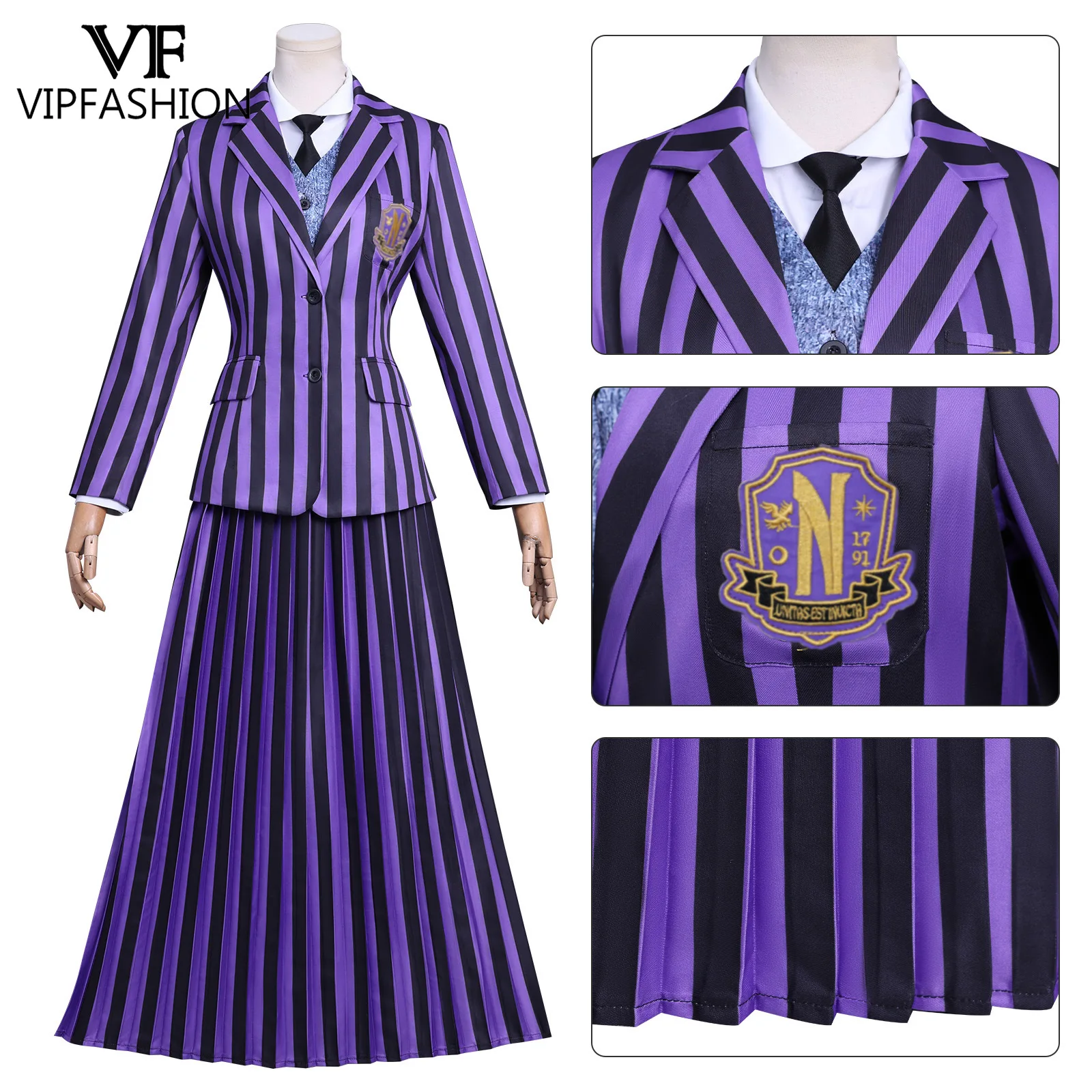 أزياء VIP FASHION Enid Sinclai Bianca للمدرسة التأثيرية أزياء أرجوانية مخططة فستان موحد بدلة حفلات الهالوين للنساء والفتيات