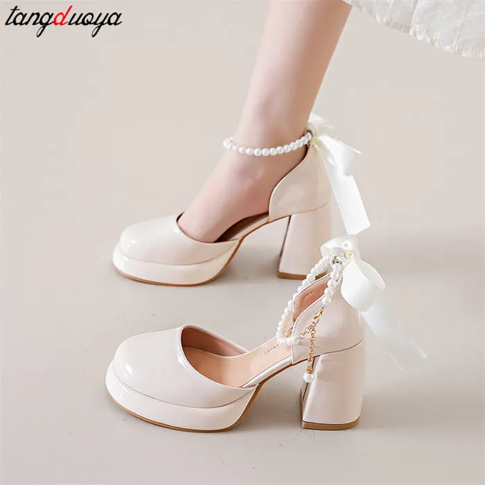 French High Heels Women\'s Chunky Heel Mary Jane Single Shoes new luxury pearl wedding party Pumps Ladies Elegant Beige Sandals