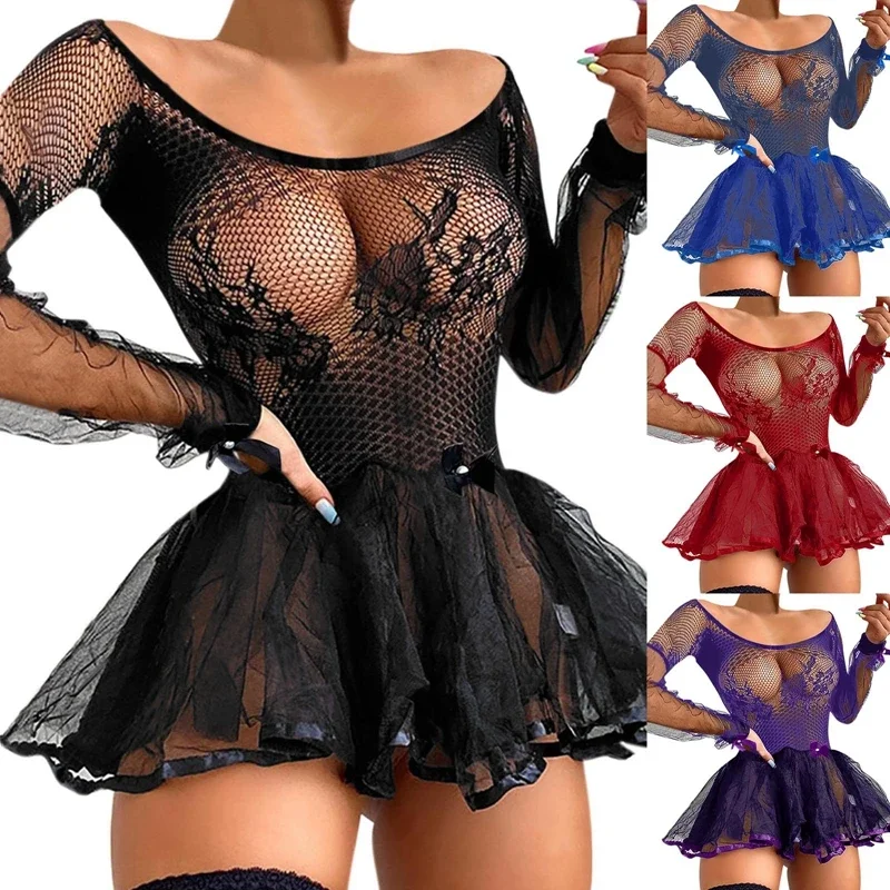 

Women Exotic Lace Sexy Dress New See-through Mesh Long Sleeves Sexy Lingerie Babydoll Porno Embroidery Mini Nightdress Underwear