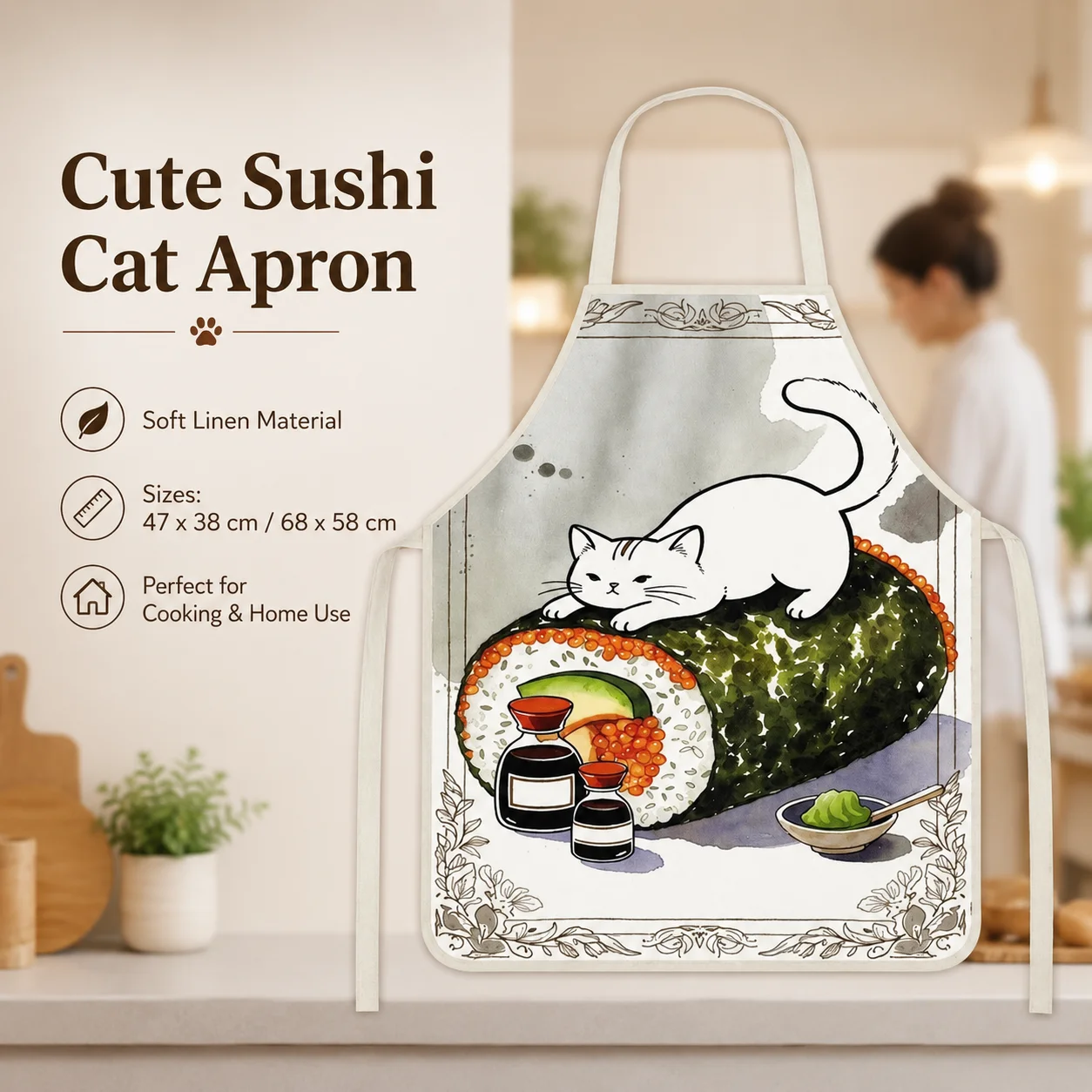 Kawaii Neko Sushi Roll Aquarell-Kunst Leinen Ärmellose Schürze für Frauen Tierliebhaber Hausarbeit Backen Reinigung Schmutzfangschürze Geschenk