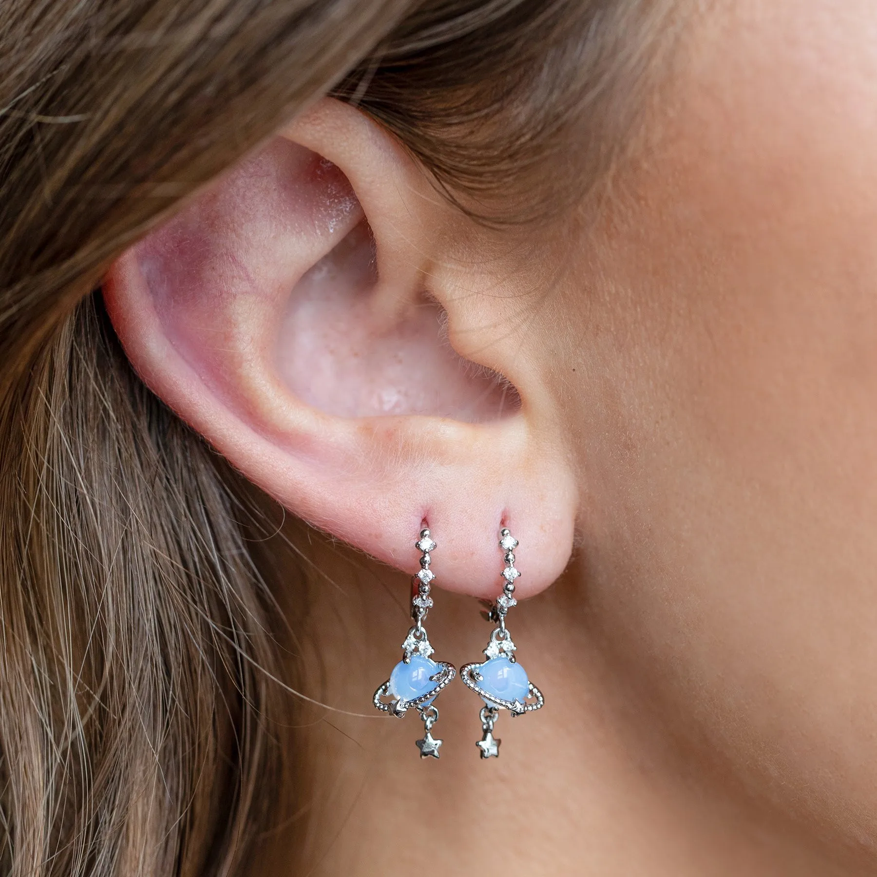 New Ins Vintage Cute Circle Star Saturn Earrings Exquisite Blue Planet Zircon Hoop Earring For Women Girls Fashion Jewelry Gift