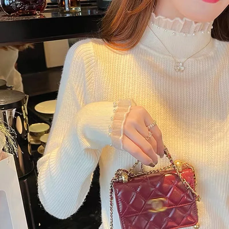 High-End Knitted Mesh Base Shirt Women's Long Sleeve Half High Collar White Inner Wear for Autumn Winter Commute Style
