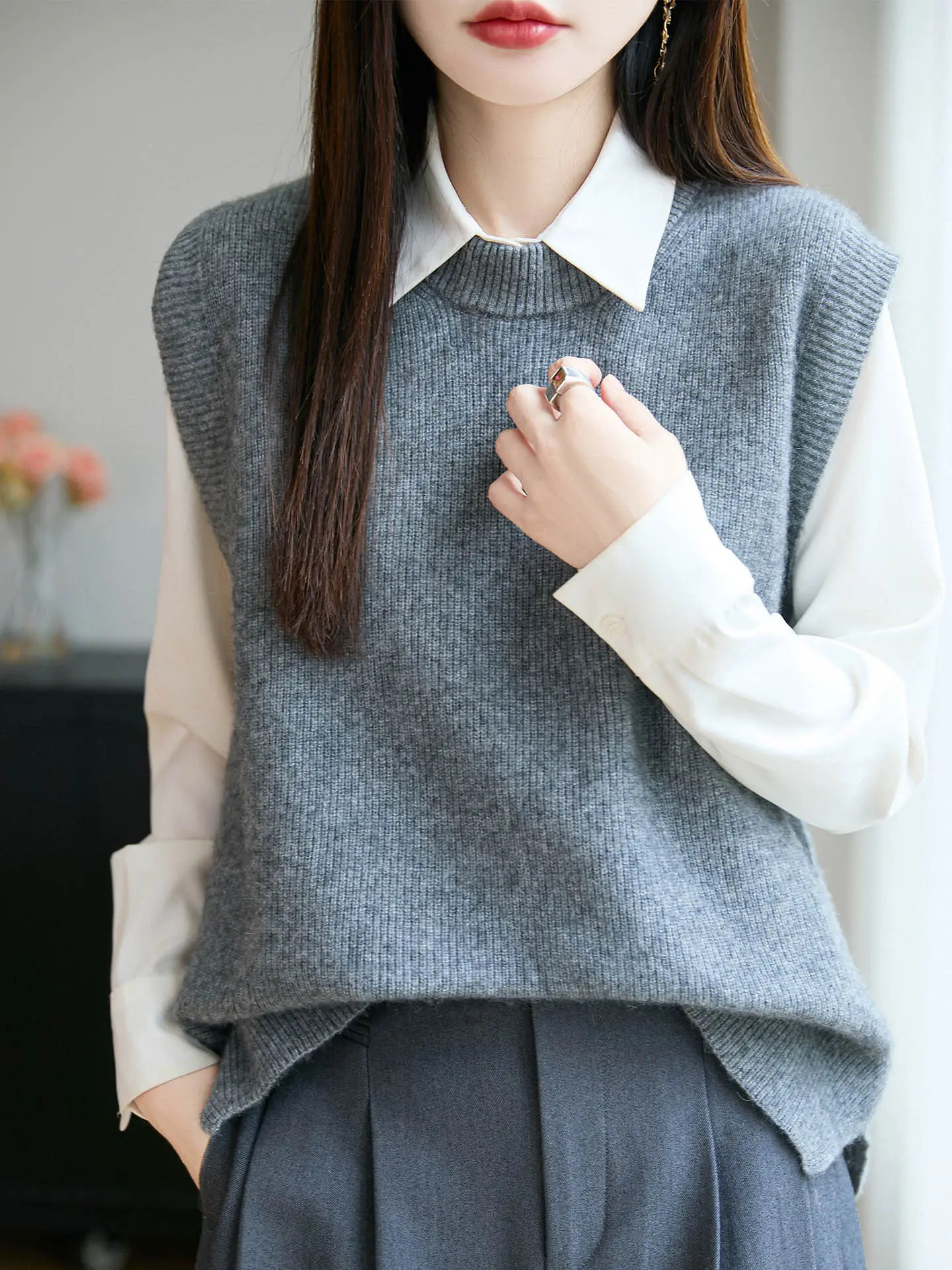 

Thiened Pure Wool Knitted Svel round Ne Vest Women's Loose Slimming Versatile Sweater Layering oulder Top Autumn ...