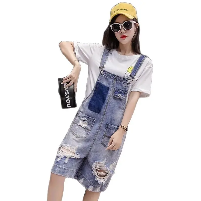 Summer New Ladies Mid Waist Cowboy Overalls Fashion Loose Hole Washed Wild Female Comfortable Breathable Five Point Jeans 5XL