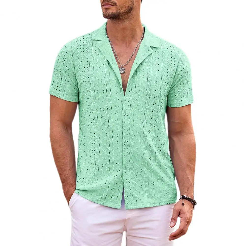 Cutout Shirt Cuban Collar Summer Shirt Stylish Men's Hollow Out Summer Shirt with Turn-down Collar Short Sleeves for A