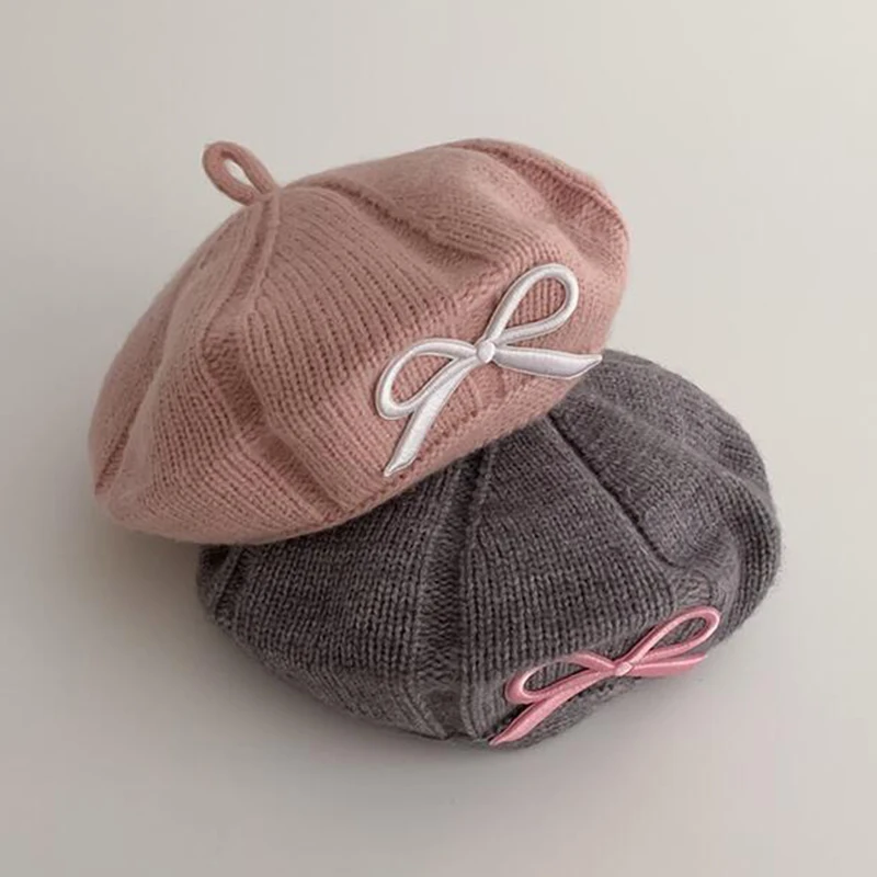 

Girls Beret Embroidered Bow Baby Wool Knitted Hat Cute Children Winter Warm Baby Cap