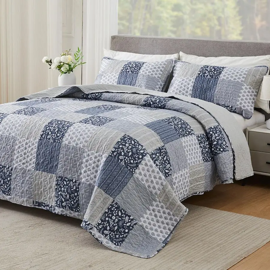

Navy Blue Gray Oversized King Quilt Set 128x120, 3 Piece Quilted Bedspread Set Patchwork Plaid Bedding Comforter Set Reversible