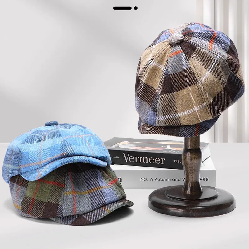 Vintage Classic 4seasons Wool Plaid Beret Hat , Unisex Painter Beret Hunting Retro Cap Korea Hat for Women  Blue Brown Green