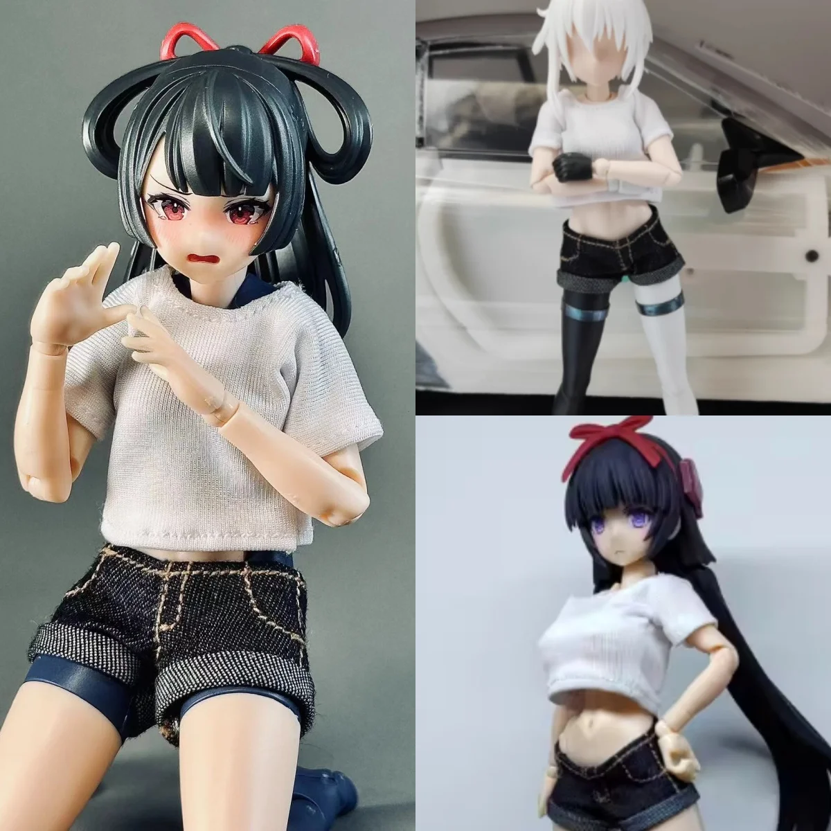 

1/12 Female Mecha Girl Denim Hotpants White T-Shirt Set Fit OB BJD Romankey Snail Shell 6inch Action Figure Model Toys ﻿