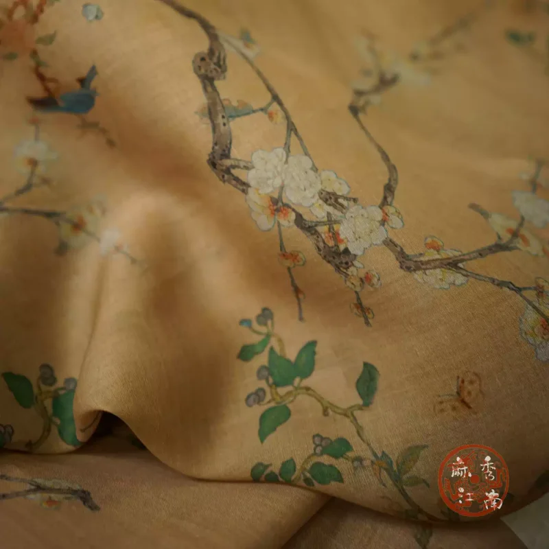 

100% pure ramie copper yellow printed fabric for making shirts, qipao dresses, DIY fabrics