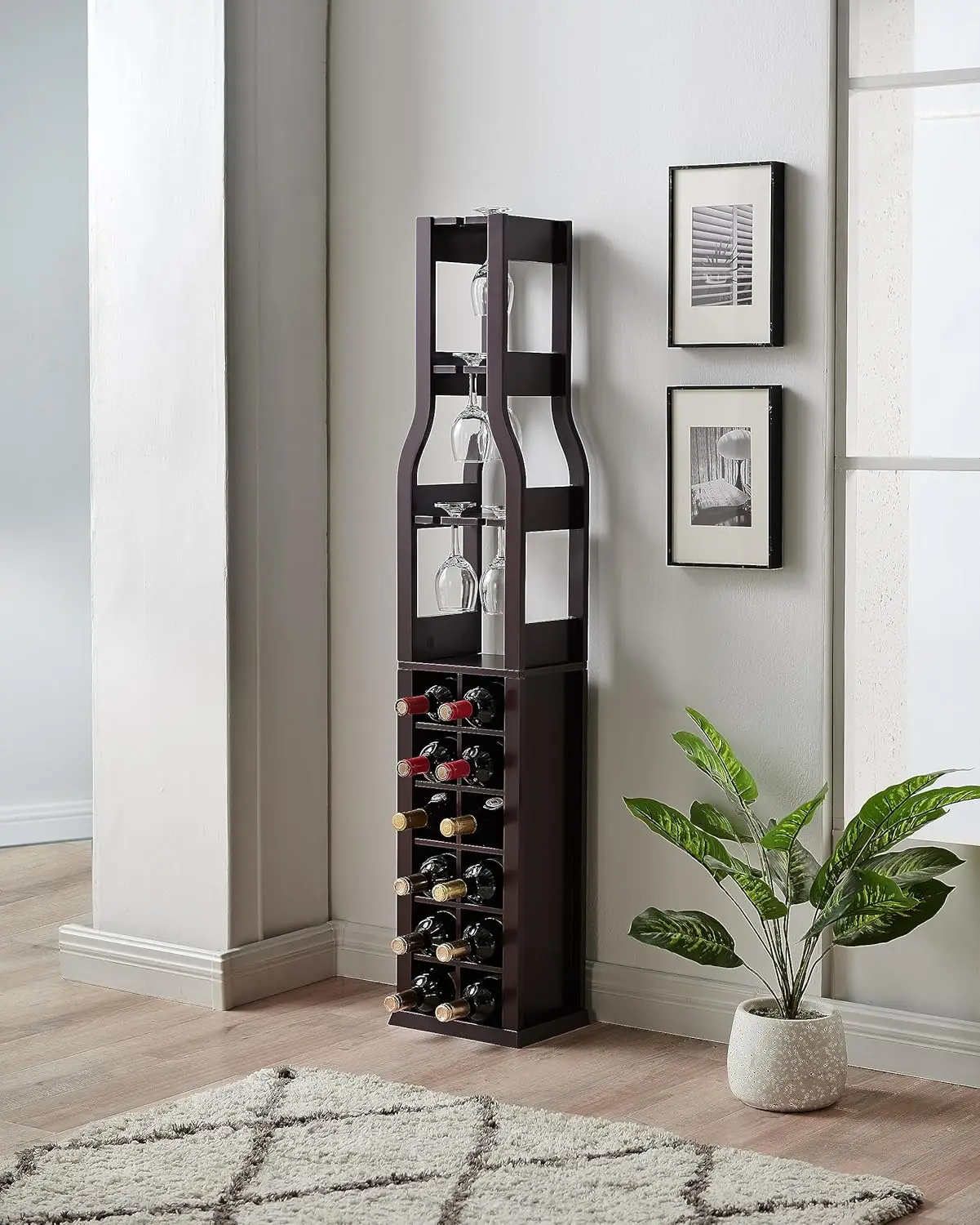 Wine Rack Freestanding Floor for Bottle Wine Rack w/ Glass Holder，3 Stemware Rack for Wine Glass Holder - 12 Bottles，Dark Cherry