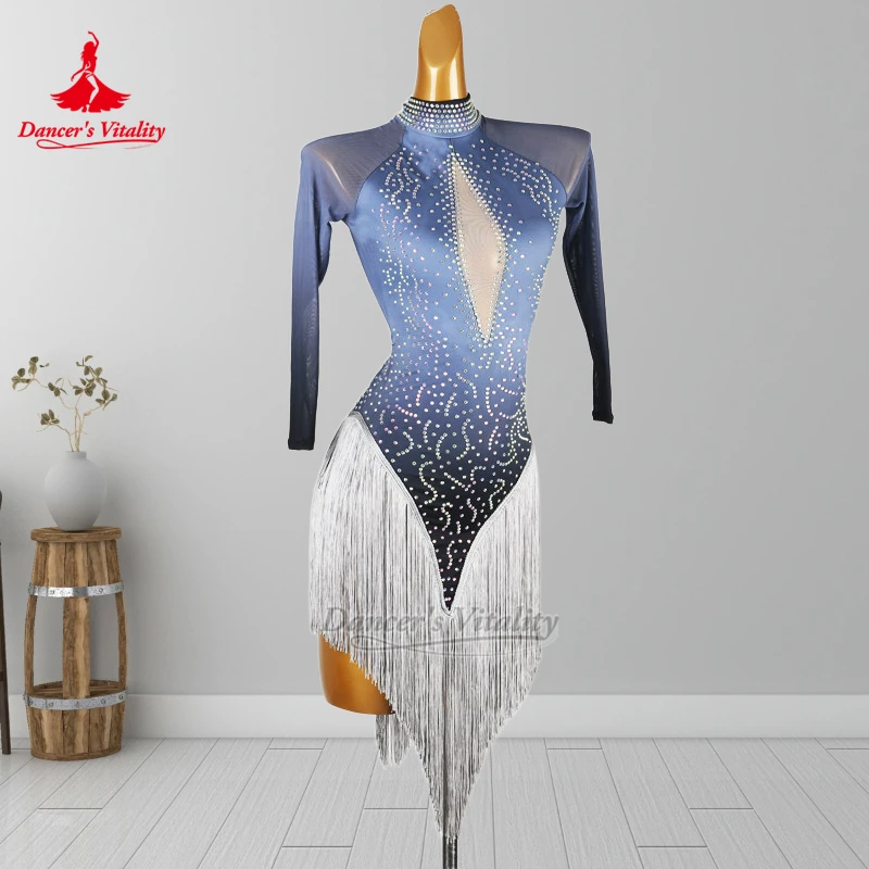 Advanced Bluish Grey Gradient Color High-neck Latin Dance Tassels Dress Dancer's Vitality Adult Samba Perform Clothes Customized