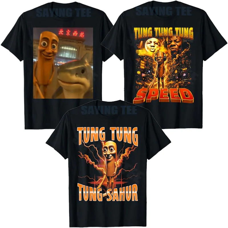 2026 Surreal Italian Brainrot Meme Tung-Tung-Tung Sahur Calling T-Shirt Y2k Tung Speed Howling To The Speed Moon Face Clothes