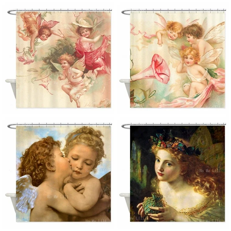 First Kiss By Bouguereau Art Cupid Angel Sophie Gengembre Anderson Fairy Dance Happily Listen Loudspeaker Music Shower Curtain