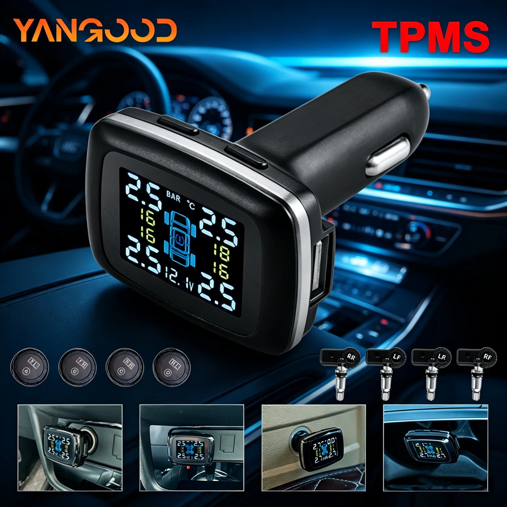 Yangood Car TPMS Tire Pressure Monitoring Alarm Cigarette Lighter Charging Real-time Pressure Display Easy Install Safety Alarm