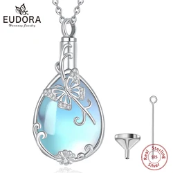 Eudora 925 Sterling Silver Butterfly Flower Ashes Urn Pendant Moonstone Cremation Urn Memorial Necklace Jewelry Keepsake Gift