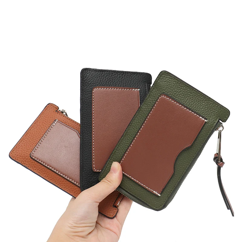 SC Genuine Leather Card Holder Women Luxury Multi Pockets Small Wallet Zip Money Bag Portable Cowhide Coin Purses Contrast Color