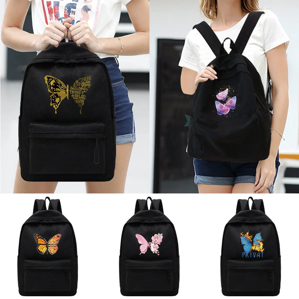 

Casual Travel Backpack Student School Rucksack Large Capacity Laptop Canvas Butterfly Print Zipper Unisex Organizer Shoulder Bag