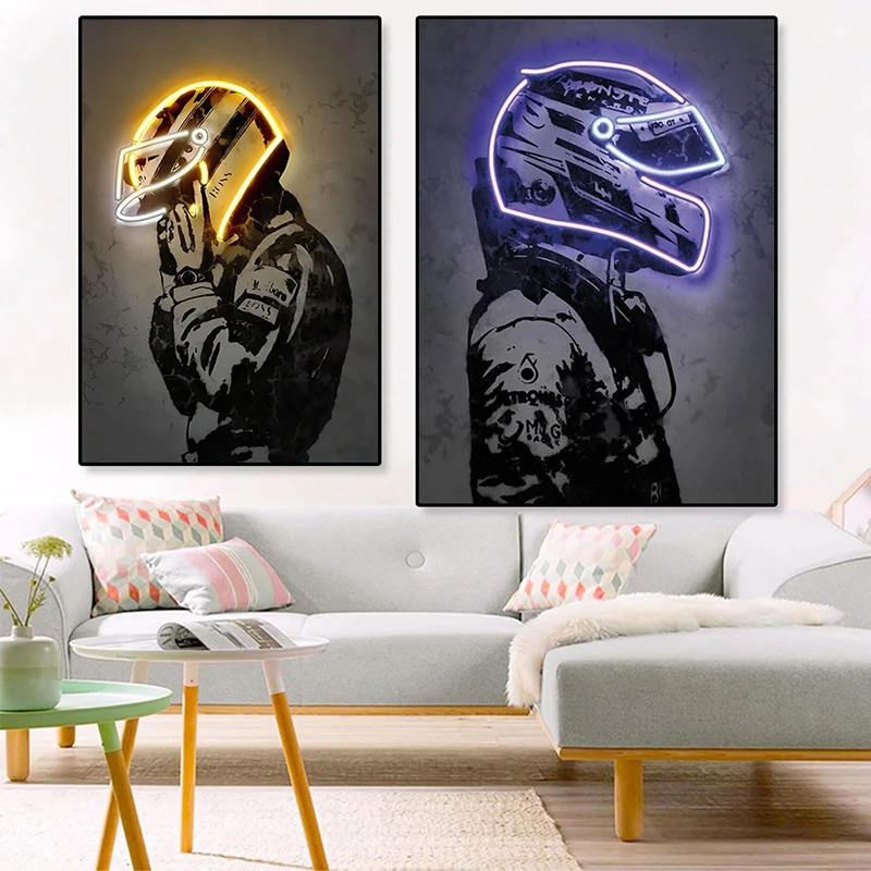 Vintage Helmet Man Art Poster Neon Racing Suit Print Modern Graffiti Wall Art Canvas Painting Picture Bedroom Living Room Decor