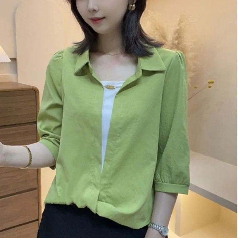 

Fashion Simplicity Elegant Trend Spring Summer 2025 Pullover Tops Polo Collar Fake Two 3/4 Sleeved Casual Shirts for Women