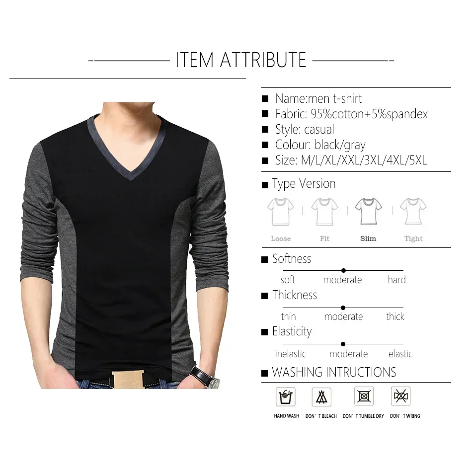 TFETTERS Top Brand Autumn Vintage Men T-shirt Long Sleeve Patchwork Black&gray V Neck T Shirts for Men Teeshirt Plus Size M-5XL