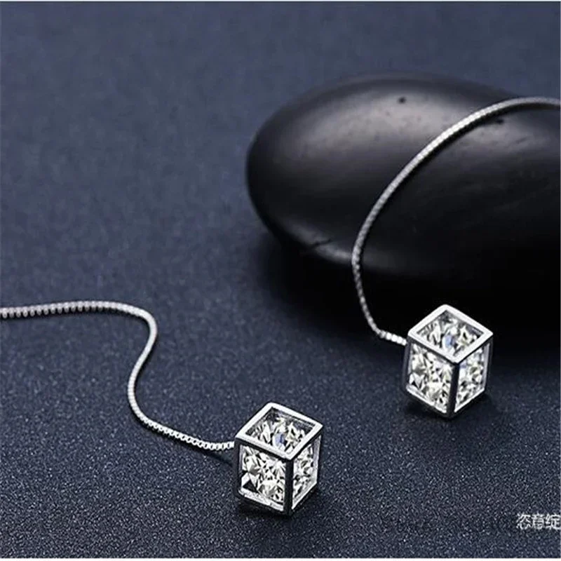 Luxury Brand 925 Silver Plated Earrings for women creative Cube Zirconia Drop Chain Long Tassel Jewelry wedding accessories