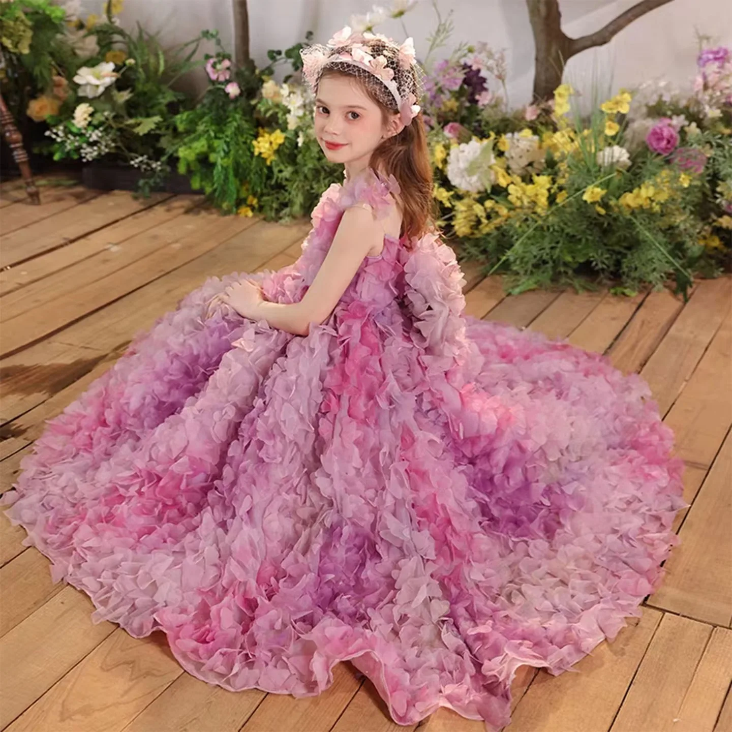 Jill desejo j288 luxo fúcsia flor menina vestido sem mangas 3d flores para crianças princesa casamento pageant festa de aniversário vestido de baile