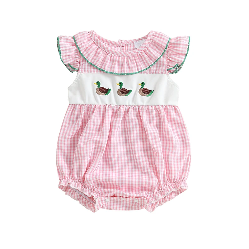 Baby Girls Rompers Duck Embroidery Ruffles Round Neck Fly Sleeve Infant Bodysuits Jumpsuits