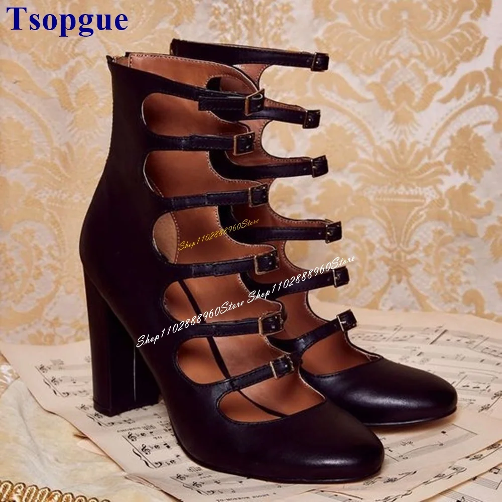 Casual Black Buckle Strap Trendy Pumps Chunky High Heel Women Shoes Back Zipper Round Toe 2024 Fashionable Zapatos Para Mujere